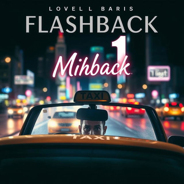 A captivating novel cover for 'Flashback 1 Malam' featuring a dramatic scene of a person driving a taxi at night