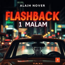 A captivating novel cover for 'Flashback 1 Malam' featuring a dramatic scene of a person driving a taxi at night