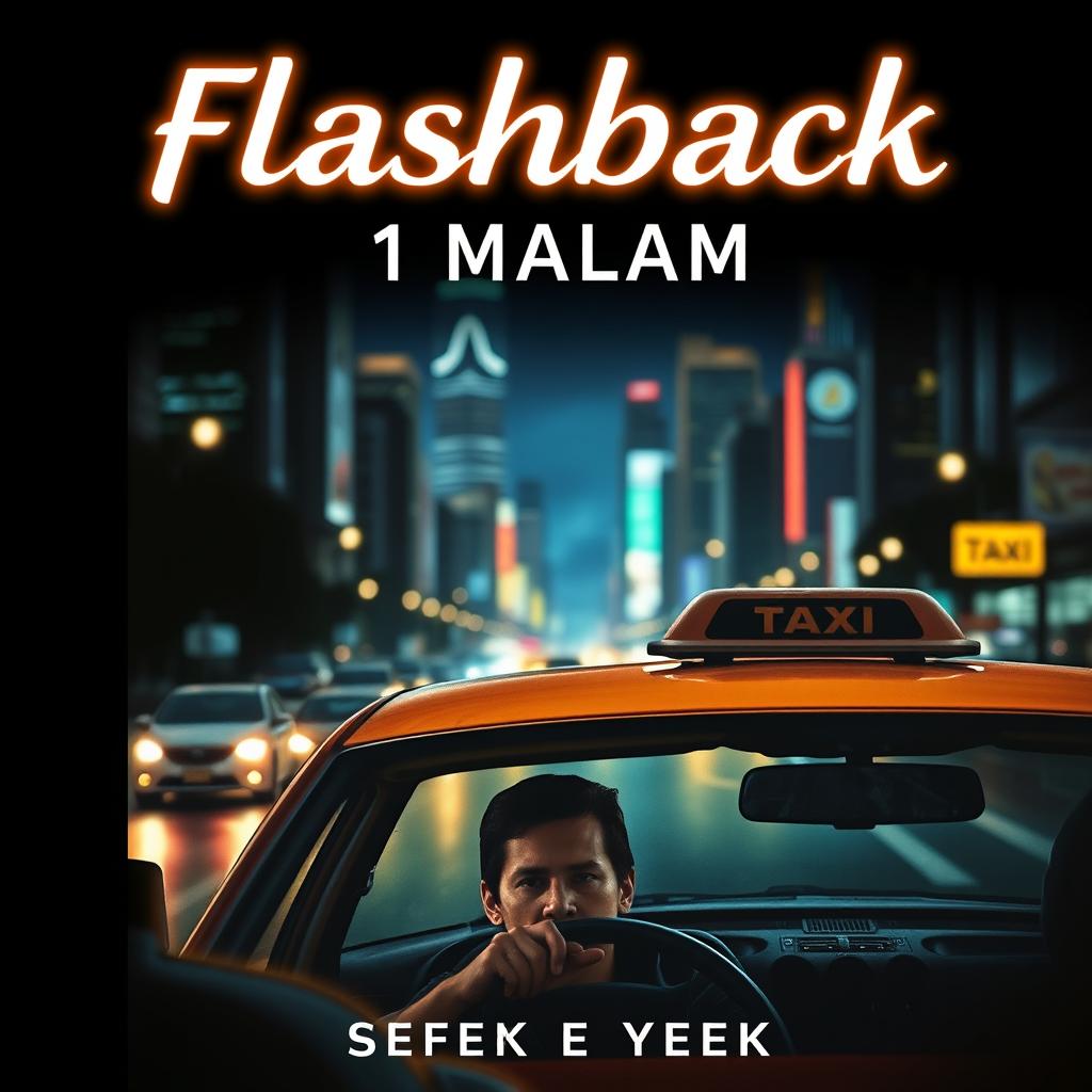 A captivating novel cover for 'Flashback 1 Malam' featuring a dramatic scene of a person driving a taxi at night