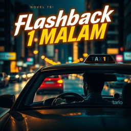 A captivating novel cover for 'Flashback 1 Malam' featuring a dramatic scene of a person driving a taxi at night