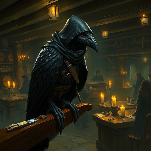 A detailed portrayal of a Kenku rogue from the Dungeons & Dragons universe, featuring a sleek and agile bird-like humanoid with glossy black feathers and a slender build