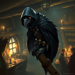 A detailed portrayal of a Kenku rogue from the Dungeons & Dragons universe, featuring a sleek and agile bird-like humanoid with glossy black feathers and a slender build