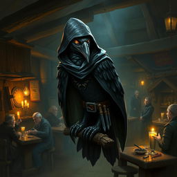 A detailed portrayal of a Kenku rogue from the Dungeons & Dragons universe, featuring a sleek and agile bird-like humanoid with glossy black feathers and a slender build