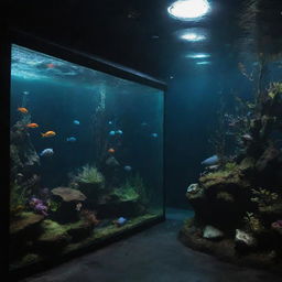 An aquarium infused with a ghost-punk style. Dark waters teeming with spectral, neon-tinted fishes and creepy, rusted punk-style adornments amongst a gloomy, immersive underwater landscape.