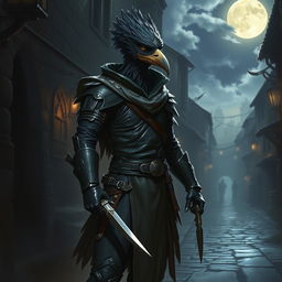 A striking depiction of a Kenku-humanoid rogue from the Dungeons & Dragons universe, showcasing a tall, slender figure with avian characteristics such as a feathered head and sharp, pointed beak