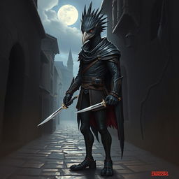 A striking depiction of a Kenku-humanoid rogue from the Dungeons & Dragons universe, showcasing a tall, slender figure with avian characteristics such as a feathered head and sharp, pointed beak