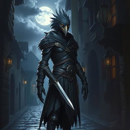 A striking depiction of a Kenku-humanoid rogue from the Dungeons & Dragons universe, showcasing a tall, slender figure with avian characteristics such as a feathered head and sharp, pointed beak