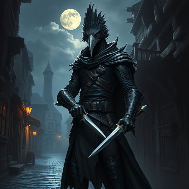 A striking depiction of a Kenku-humanoid rogue from the Dungeons & Dragons universe, showcasing a tall, slender figure with avian characteristics such as a feathered head and sharp, pointed beak