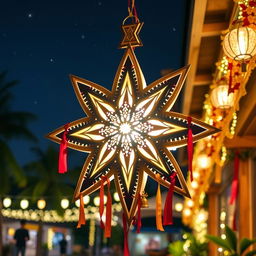 A beautifully crafted Star Parol, a traditional Filipino Christmas lantern, made of colorful materials like paper and bamboo