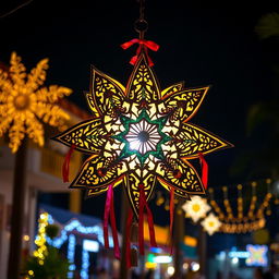A beautifully crafted Star Parol, a traditional Filipino Christmas lantern, made of colorful materials like paper and bamboo
