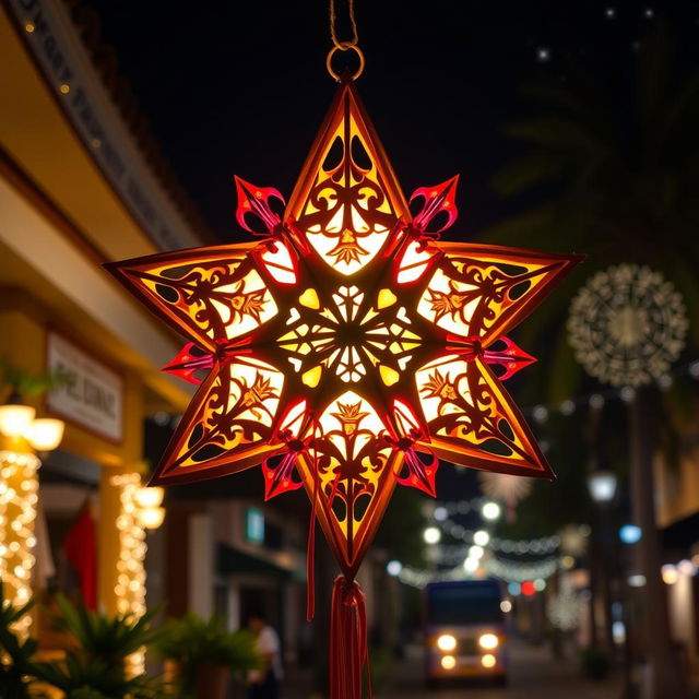 A beautifully crafted Star Parol, a traditional Filipino Christmas lantern, made of colorful materials like paper and bamboo