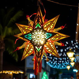 A beautifully crafted Star Parol, a traditional Filipino Christmas lantern, made of colorful materials like paper and bamboo