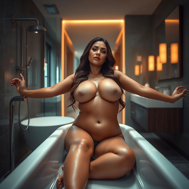 A captivating scene in a contemporary bathroom, featuring a confident woman with an ample bosom and voluptuous figure, stretched out comfortably as she relaxes