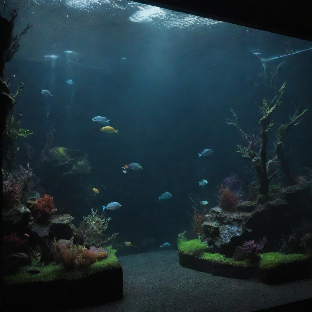 An aquarium infused with a ghost-punk style. Dark waters teeming with spectral, neon-tinted fishes and creepy, rusted punk-style adornments amongst a gloomy, immersive underwater landscape.