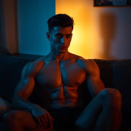 A sensual and intimate scene focusing on the allure of male sensuality, featuring a confident young man in a relaxed setting