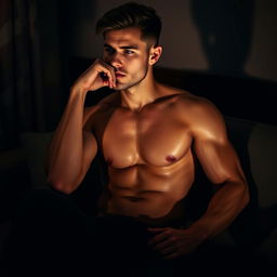 A sensual and intimate scene focusing on the allure of male sensuality, featuring a confident young man in a relaxed setting