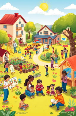 An illustrated neighborhood scene depicting a vibrant community with families and children engaged in various developmental activities