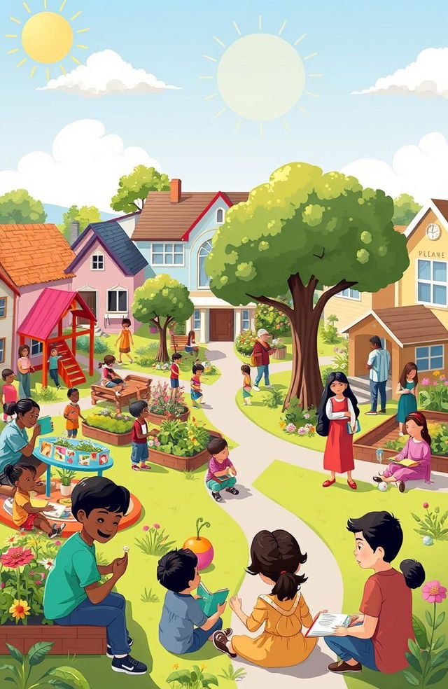 An illustrated neighborhood scene depicting a vibrant community with families and children engaged in various developmental activities