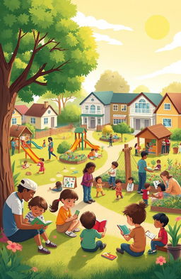 An illustrated neighborhood scene depicting a vibrant community with families and children engaged in various developmental activities