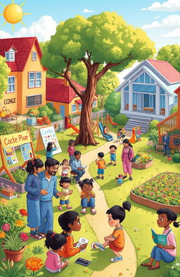 An illustrated neighborhood scene depicting a vibrant community with families and children engaged in various developmental activities