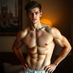 A confident young man in a tasteful, artistic pose, highlighting his physique and natural beauty