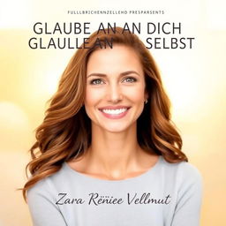 An inspiring full HD book cover for 'GLAUBE AN DICH SELBST' featuring a portrait of Zara Renée Vellmut, a confident and radiant woman