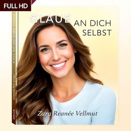 An inspiring full HD book cover for 'GLAUBE AN DICH SELBST' featuring a portrait of Zara Renée Vellmut, a confident and radiant woman