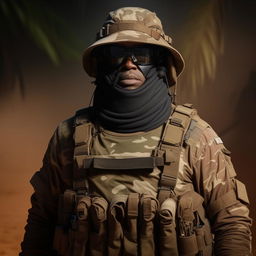 A Hollywood-style kidnapper commander dressed in a French safari semi-combat attire and bullet-proof vest, portraying an enthralling yet menacing figure.