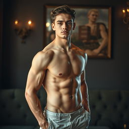 A confident young man posing tastefully in an artistic manner, highlighting his physique and self-assurance