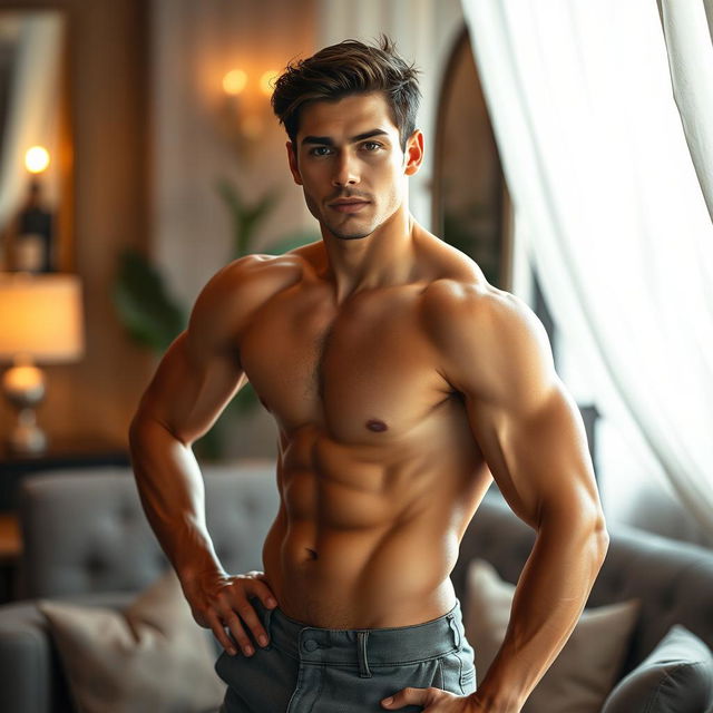 A confident young man posing tastefully in an artistic manner, highlighting his physique and self-assurance