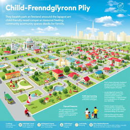 An informative visualization of a child-friendly neighborhood plan in Vijayawada, showcasing a detailed layout featuring parks, safe play areas, and community spaces designed for families