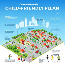 An informative visualization of a child-friendly neighborhood plan in Vijayawada, showcasing a detailed layout featuring parks, safe play areas, and community spaces designed for families