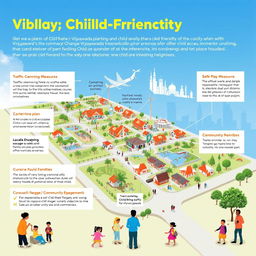 An informative visualization of a child-friendly neighborhood plan in Vijayawada, showcasing a detailed layout featuring parks, safe play areas, and community spaces designed for families
