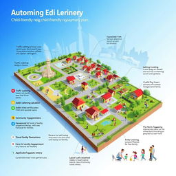 An informative visualization of a child-friendly neighborhood plan in Vijayawada, showcasing a detailed layout featuring parks, safe play areas, and community spaces designed for families