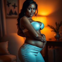 An artistic depiction of a confident woman exploring her sensuality, emphasizing her voluptuous figure with curvy hips and an ample bust