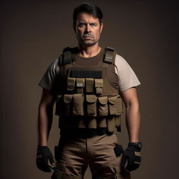 A Hollywood-style kidnapper commander clad in short-sleeve semi-combat attire and a bullet-proof vest, conveying a daunting and commanding presence.