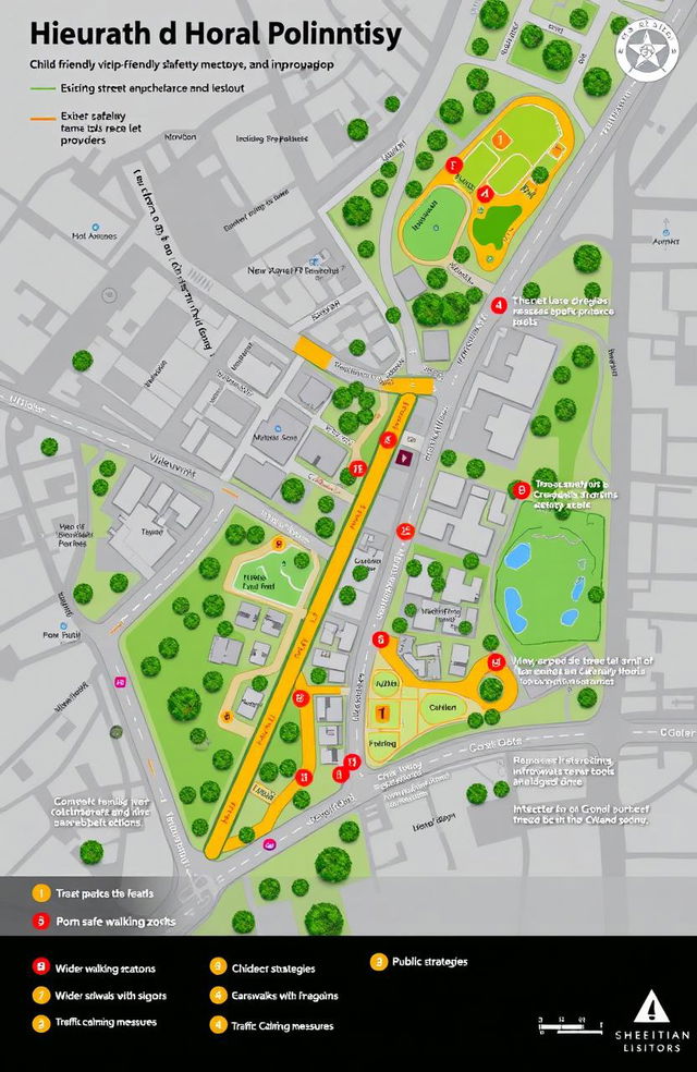 A detailed urban planning map showcasing a child-friendly neighborhood in Vijayawada, India