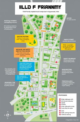 A detailed urban planning map showcasing a child-friendly neighborhood in Vijayawada, India