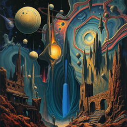 A surreal and cosmic horror landscape inspired by Rogelio Spare's 'El eco de la grieta estelar', showcasing a vivid interzone reminiscent of William S