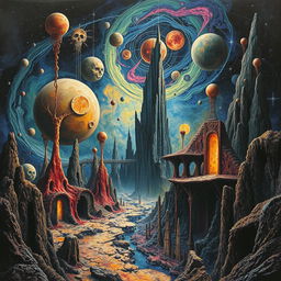 A surreal and cosmic horror landscape inspired by Rogelio Spare's 'El eco de la grieta estelar', showcasing a vivid interzone reminiscent of William S