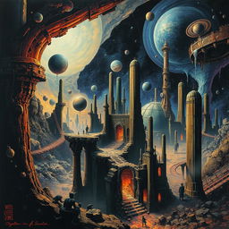 A surreal and cosmic horror landscape inspired by Rogelio Spare's 'El eco de la grieta estelar', showcasing a vivid interzone reminiscent of William S