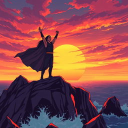 A powerful illustration of a commanding figure standing on a cliff under a vibrant sunset, arms raised high as if calling attention to the world