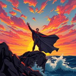 A powerful illustration of a commanding figure standing on a cliff under a vibrant sunset, arms raised high as if calling attention to the world