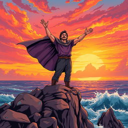 A powerful illustration of a commanding figure standing on a cliff under a vibrant sunset, arms raised high as if calling attention to the world