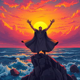 A powerful illustration of a commanding figure standing on a cliff under a vibrant sunset, arms raised high as if calling attention to the world