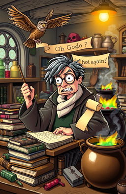 A comedic and whimsical scene depicting a distraught wizard resembling Harry Potter, with messy hair and round glasses, sitting at a cluttered desk piled with magical books and potion ingredients