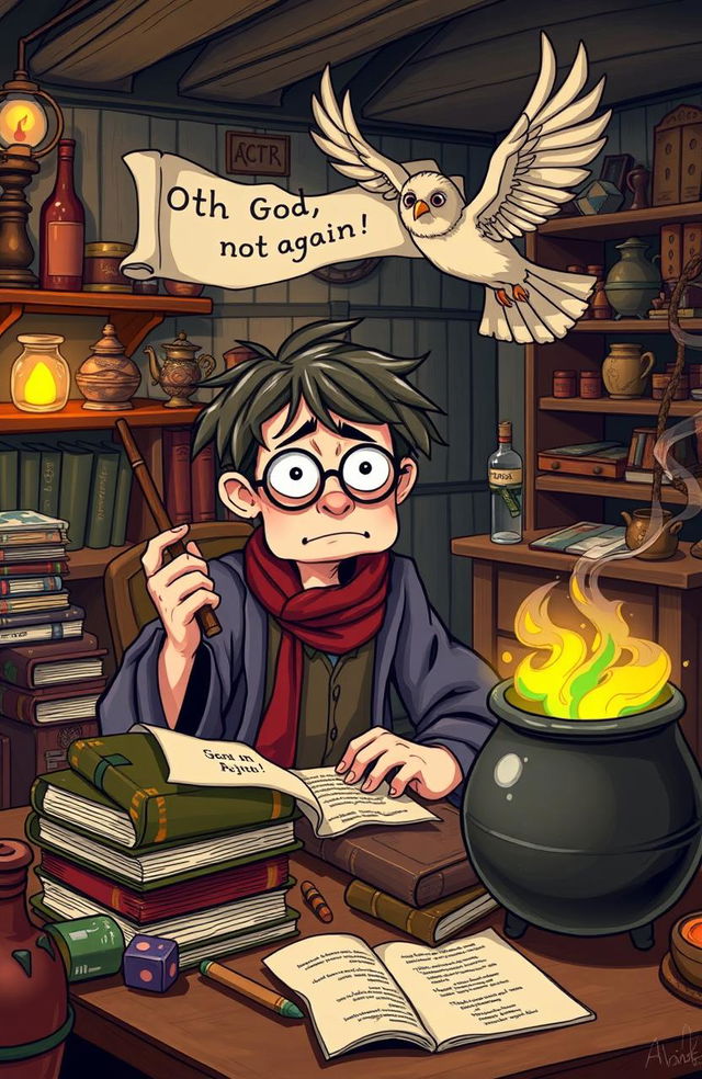 A comedic and whimsical scene depicting a distraught wizard resembling Harry Potter, with messy hair and round glasses, sitting at a cluttered desk piled with magical books and potion ingredients