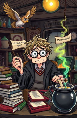 A comedic and whimsical scene depicting a distraught wizard resembling Harry Potter, with messy hair and round glasses, sitting at a cluttered desk piled with magical books and potion ingredients