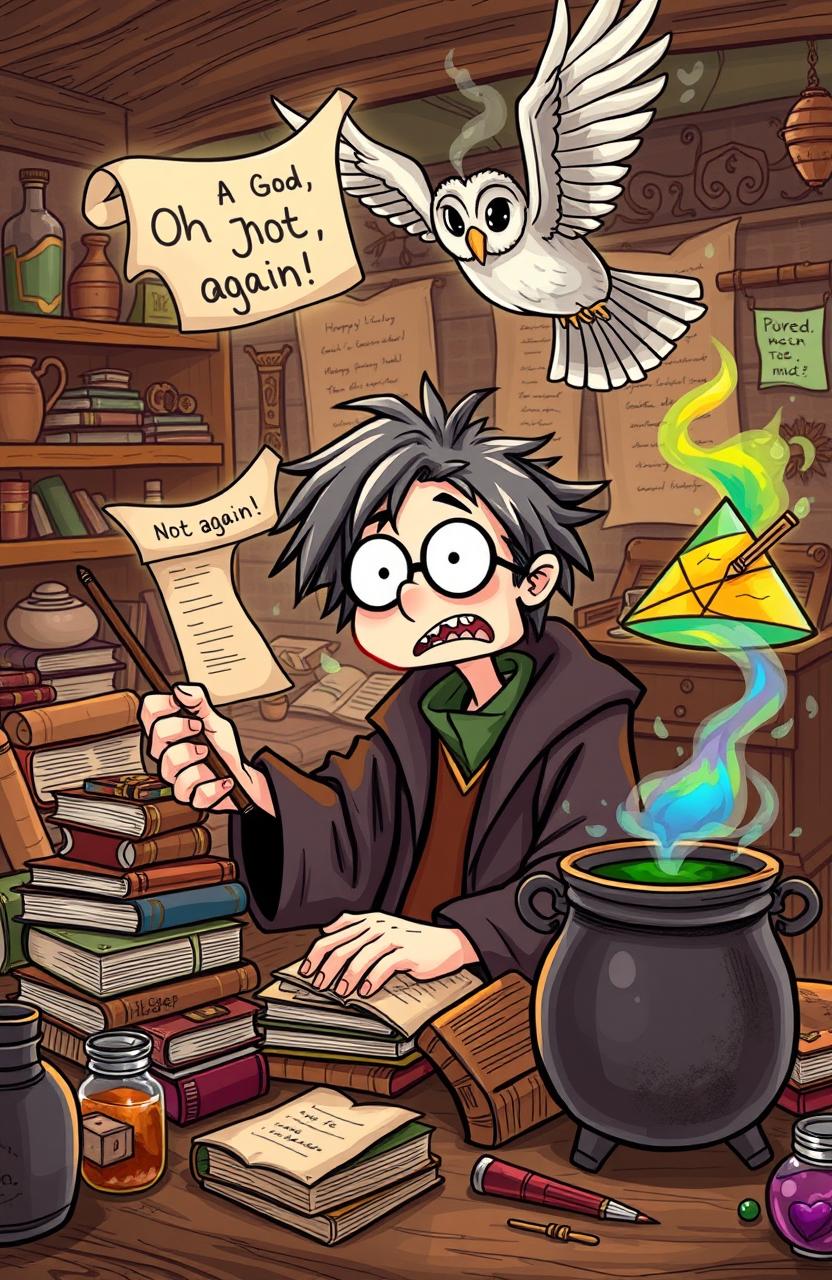 A comedic and whimsical scene depicting a distraught wizard resembling Harry Potter, with messy hair and round glasses, sitting at a cluttered desk piled with magical books and potion ingredients