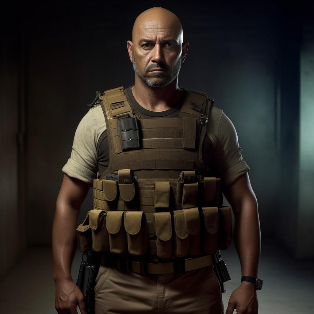 A Hollywood-style kidnapper commander clad in short-sleeve semi-combat attire and a bullet-proof vest, conveying a daunting and commanding presence.